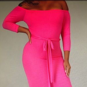 **Sold**Sexy hot pink off the shoulder midi dress